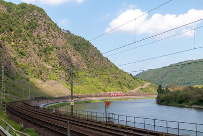 Railroad tracks by mountain against sky
