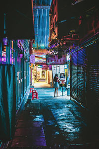 Rear view of people walking on illuminated street at night