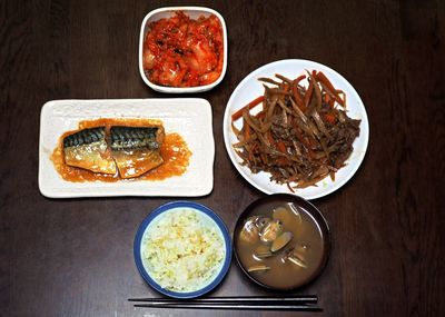 High angle view of breakfast served on table