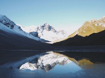 Scenic view of lake and mountains against clear blue sky