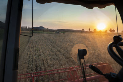 Organic farming, wheat field, harvest, combine harvester in the evening