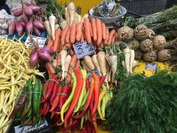 High angle view of vegetables for sale in market