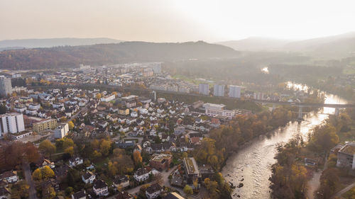 High angle shot of townscape against sky