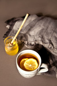 High angle view of tea in cup