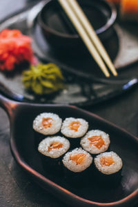 High angle view of sushi in plate on table