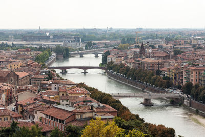 High angle view of river amidst cityscape against sky