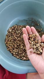 High angle view of person hand in bowl