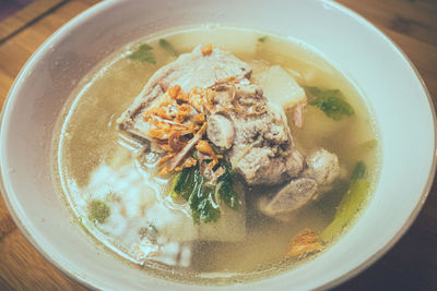 High angle view of soup in bowl on table
