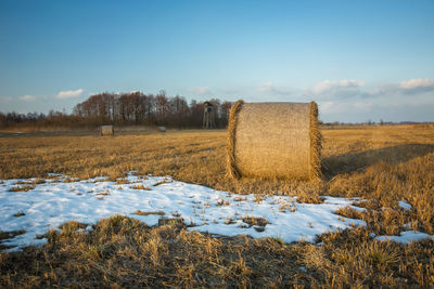 Hay bales on field against sky during winter