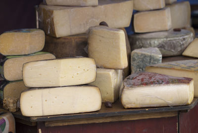 Close-up of stacked for sale at market stall