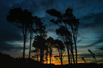 Silhouette of trees against cloudy sky