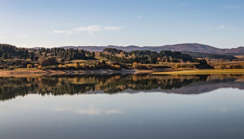 Scenic view of lake by mountains against sky