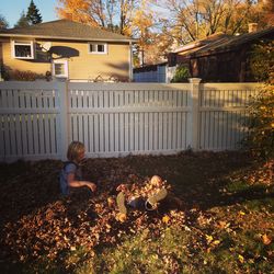 Siblings playing on field during autumn