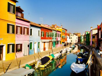 Boats moored on canal amidst houses against clear sky