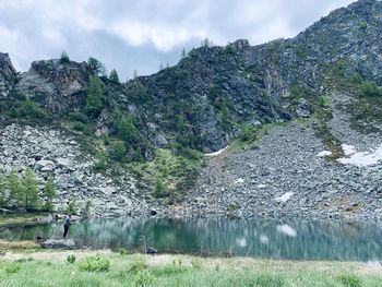 Scenic view of lake and mountains against sky