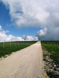 Empty road amidst field against sky
