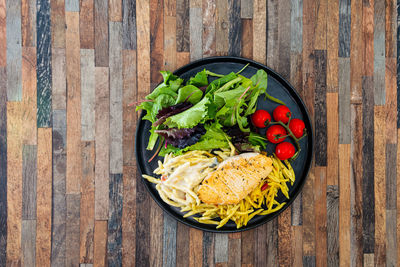 High angle view of meal served in bowl on table