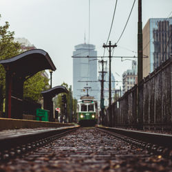 Surface level of railroad tracks against clear sky