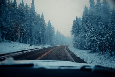 Road amidst trees seen through car windshield during winter