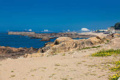 Scenic view of beach against clear blue sky