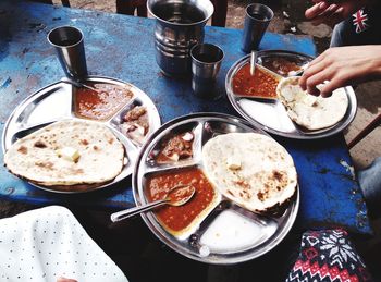 High angle view of meal served on table