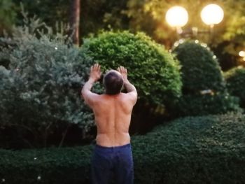 Rear view of man standing by plants