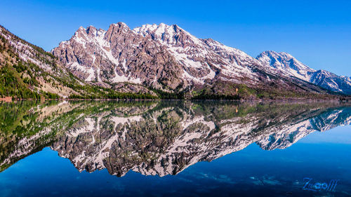 Scenic view of mountains by lake against clear blue sky