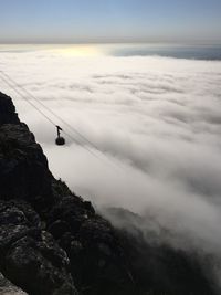 Overhead cable car over sea against sky