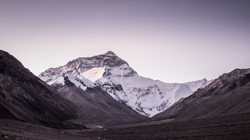 Scenic view of snowcapped mountains against clear sky