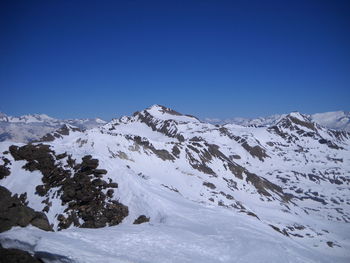 Scenic view of snowcapped mountains against clear blue sky