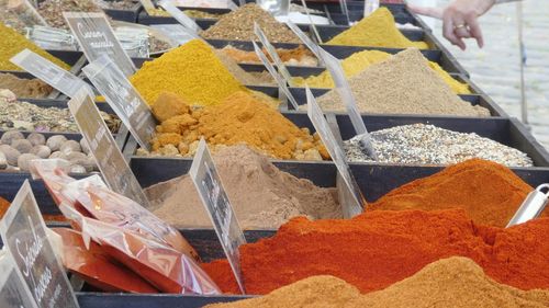 View of spices for sale at market stall