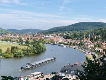 High angle view of townscape by river against sky