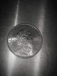 High angle view of coins on table