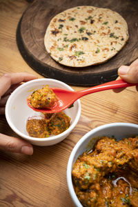 High angle view of meal served on table