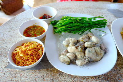 High angle view of food served on table