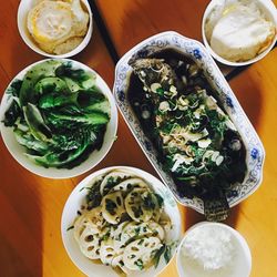 High angle view of salad in bowl on table