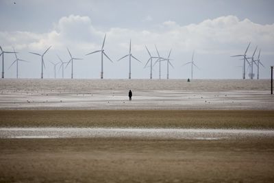 Windmills on beach against sky