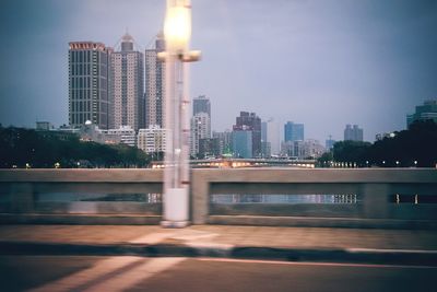 View of city lit up at night