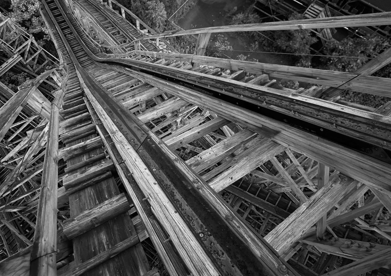 low angle view, built structure, architecture, metal, ceiling, abandoned, old, pattern, no people, damaged, metallic, full frame, wood - material, indoors, backgrounds, day, high angle view, complexity, tree