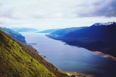 Scenic view of lake and mountains against sky