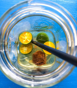 High angle view of drink in glass