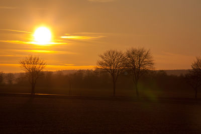 Bare trees on landscape against sky at sunset