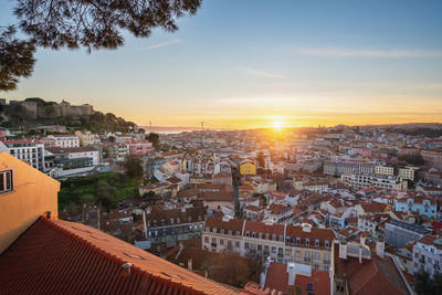 High angle view of townscape against sky during sunset