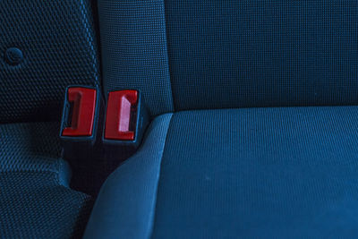 Close-up of empty blue car seats