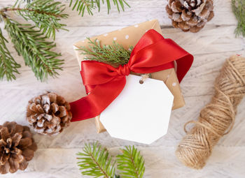 High angle view of christmas decorations on table