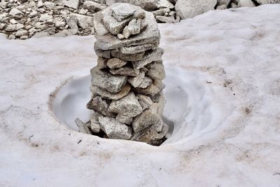 Stack of stones on snow covered land