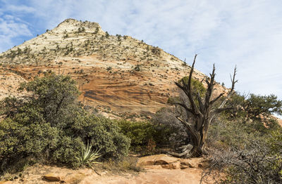 View of rock formations on landscape against cloudy sky