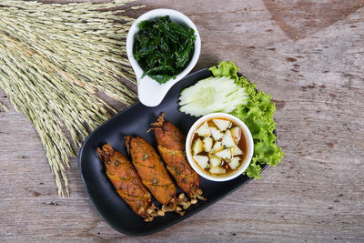 High angle view of breakfast served on table