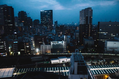 View of city lit up at night