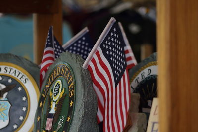 Close-up of flags against the wall